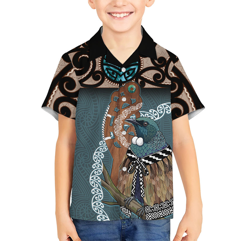 New Zealand Tui Bird Maripi Kid Hawaiian Shirt Maori Weapon Kowhaiwhai Pattern LT22 Kid Slate Blue - Polynesian Pride