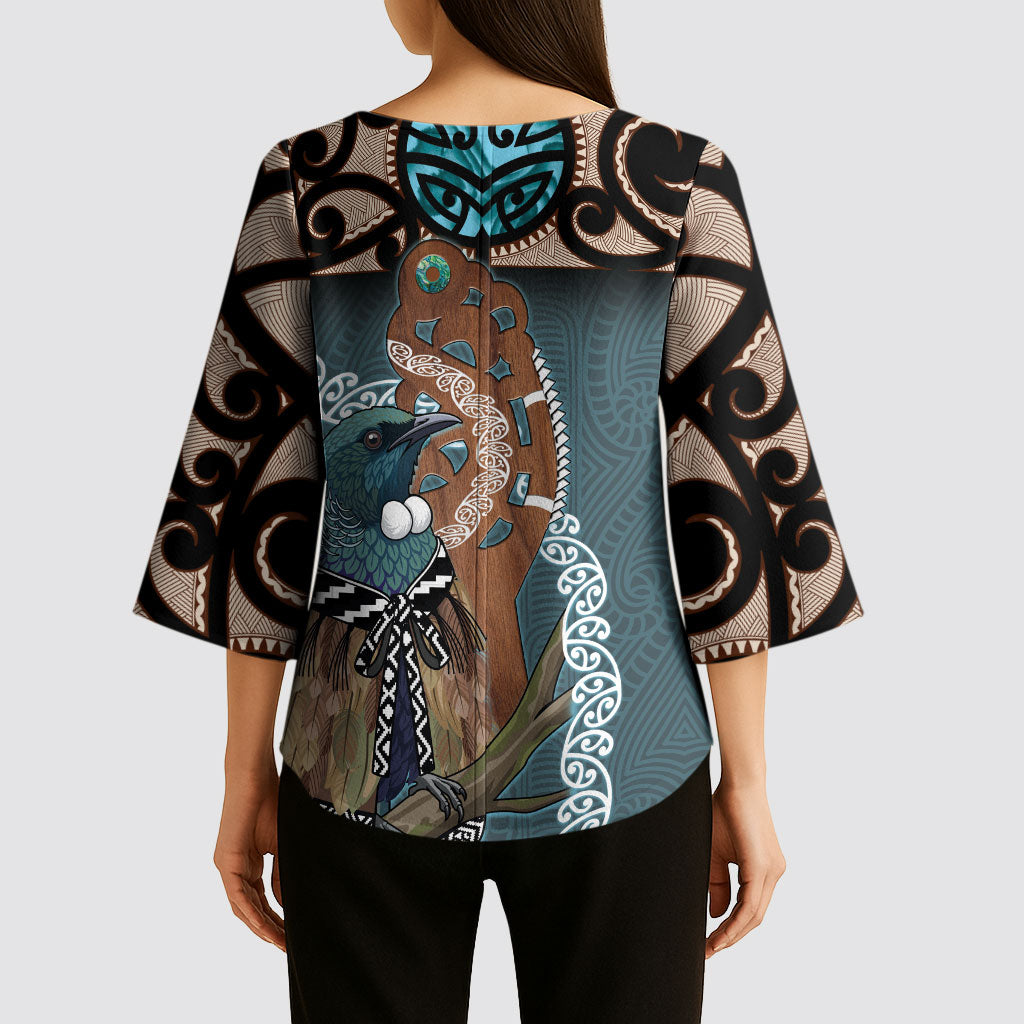 New Zealand Tui Bird Maripi Kimono Sleeve Blouse Maori Weapon Kowhaiwhai Pattern LT22 - Polynesian Pride