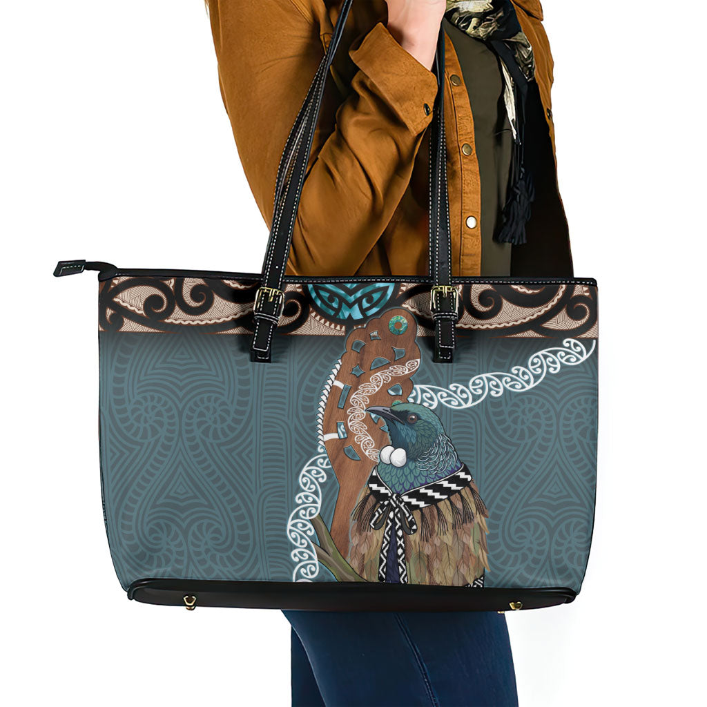 New Zealand Tui Bird Maripi Leather Tote Bag Maori Weapon Kowhaiwhai Pattern LT22 - Polynesian Pride