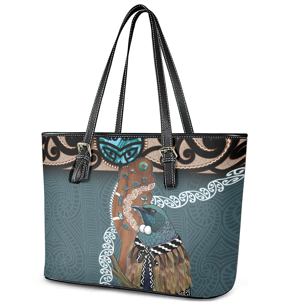 New Zealand Tui Bird Maripi Leather Tote Bag Maori Weapon Kowhaiwhai Pattern LT22 - Polynesian Pride
