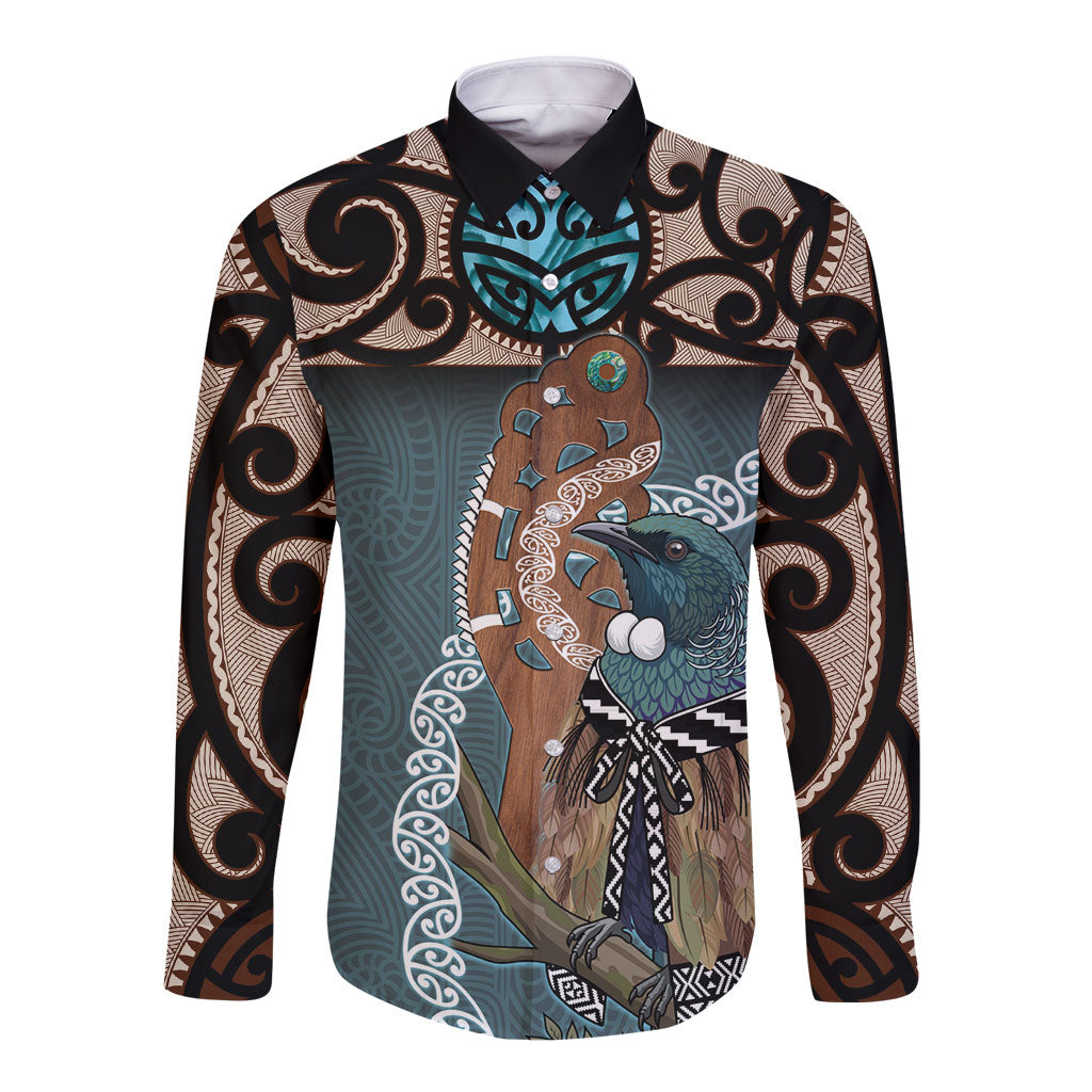 New Zealand Tui Bird Maripi Long Sleeve Button Shirt Maori Weapon Kowhaiwhai Pattern LT22 Unisex Slate Blue - Polynesian Pride