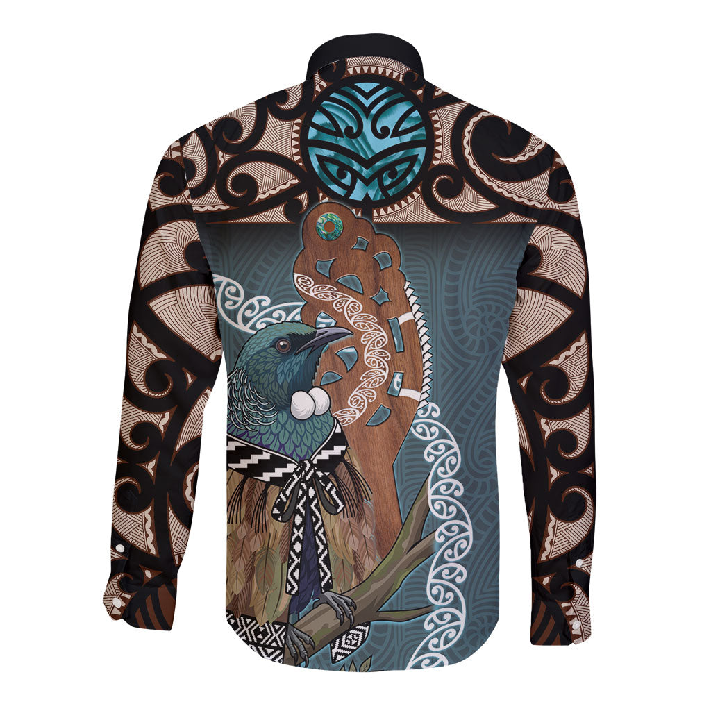 New Zealand Tui Bird Maripi Long Sleeve Button Shirt Maori Weapon Kowhaiwhai Pattern LT22 - Polynesian Pride