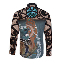 New Zealand Tui Bird Maripi Long Sleeve Button Shirt Maori Weapon Kowhaiwhai Pattern LT22 - Polynesian Pride