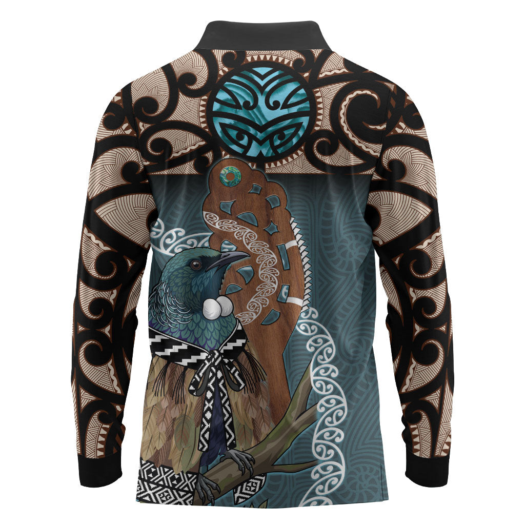 New Zealand Tui Bird Maripi Long Sleeve Polo Shirt Maori Weapon Kowhaiwhai Pattern LT22 - Polynesian Pride
