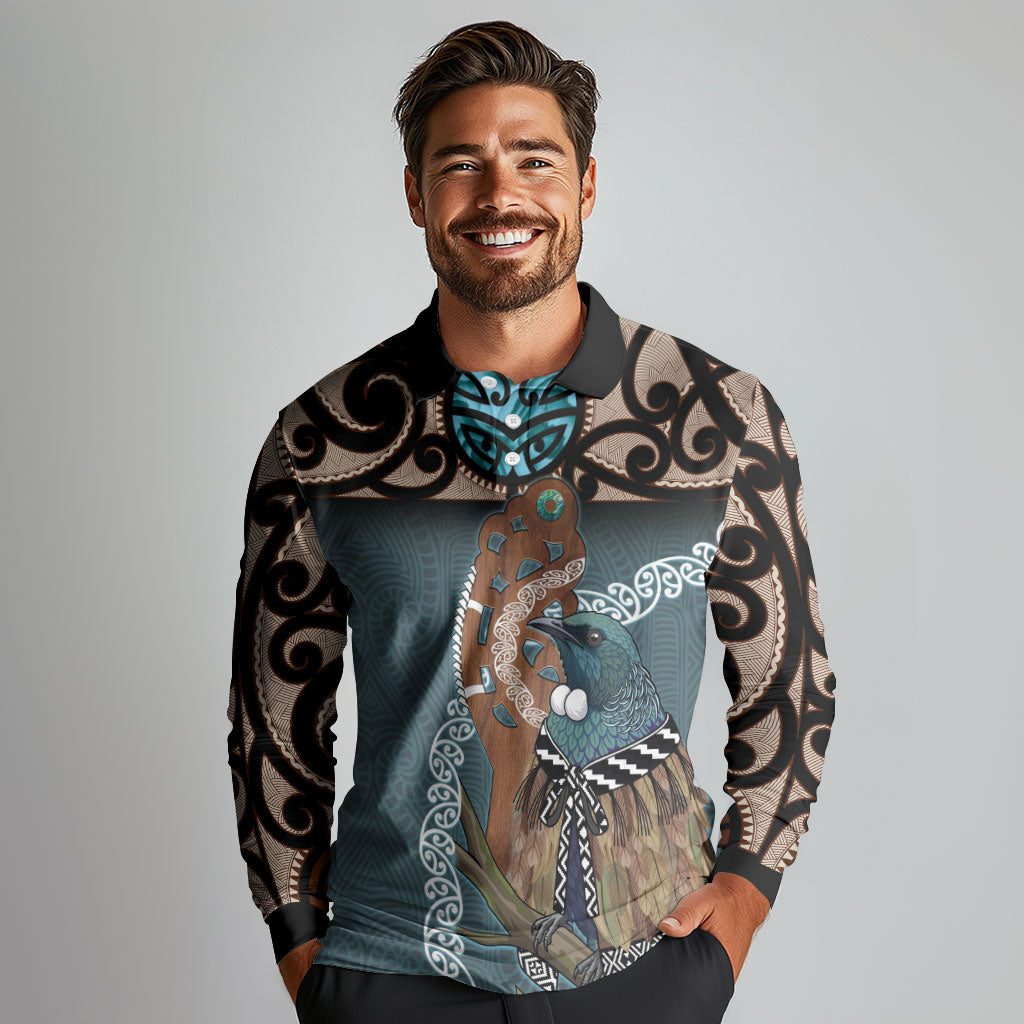 New Zealand Tui Bird Maripi Long Sleeve Polo Shirt Maori Weapon Kowhaiwhai Pattern LT22 - Polynesian Pride