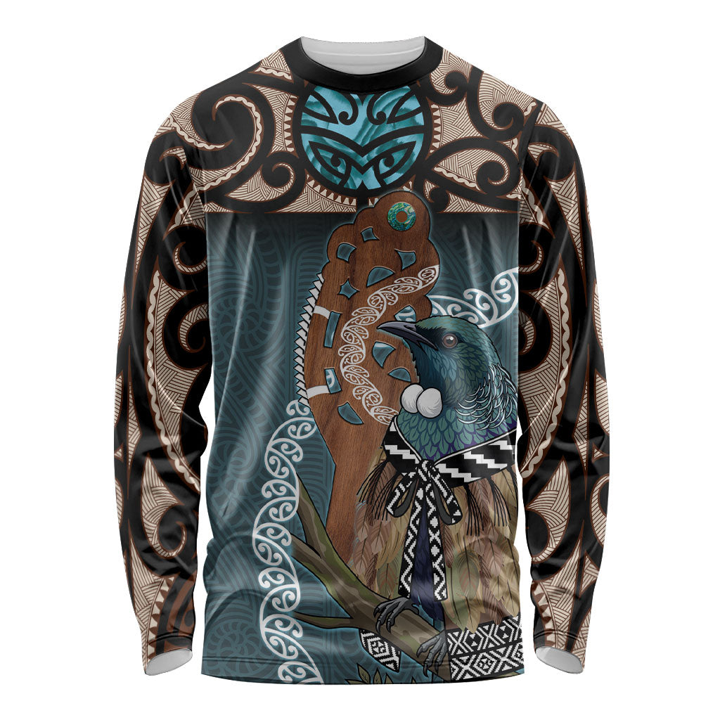 New Zealand Tui Bird Maripi Long Sleeve Shirt Maori Weapon Kowhaiwhai Pattern LT22 Unisex Slate Blue - Polynesian Pride