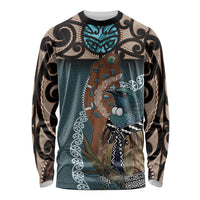 New Zealand Tui Bird Maripi Long Sleeve Shirt Maori Weapon Kowhaiwhai Pattern LT22 Unisex Slate Blue - Polynesian Pride
