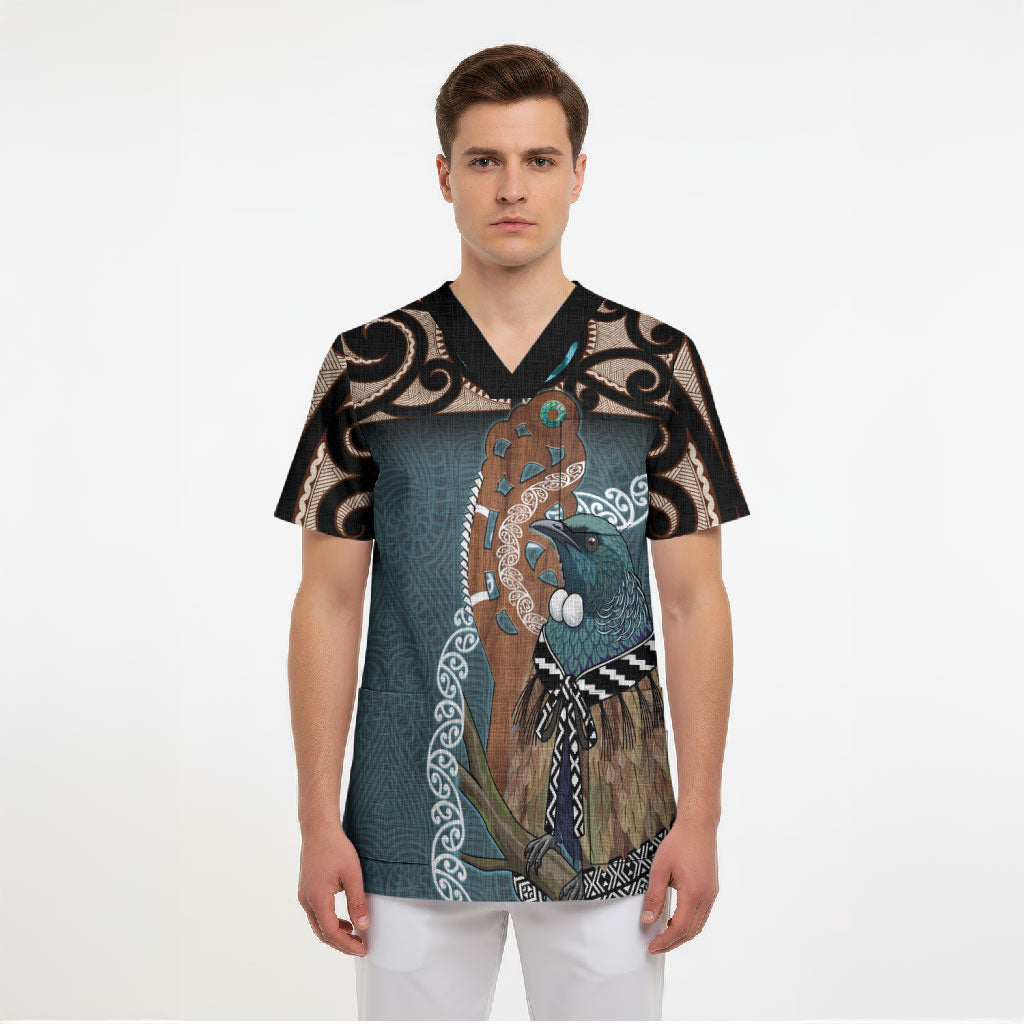 New Zealand Tui Bird Maripi Scrub Top Maori Weapon Kowhaiwhai Pattern LT22 - Polynesian Pride