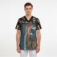 New Zealand Tui Bird Maripi Scrub Top Maori Weapon Kowhaiwhai Pattern LT22 - Polynesian Pride
