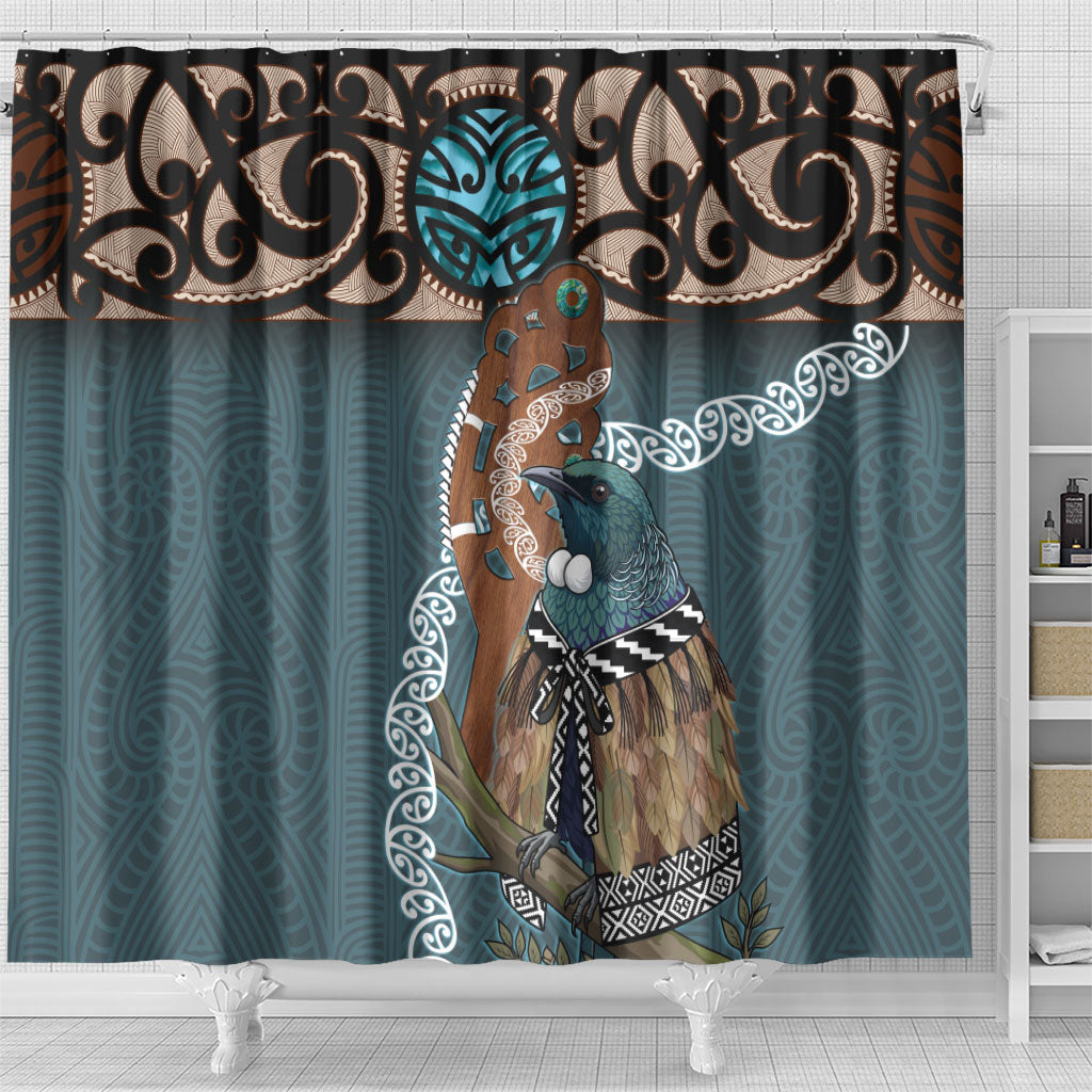 New Zealand Tui Bird Maripi Shower Curtain Maori Weapon Kowhaiwhai Pattern LT22 - Polynesian Pride