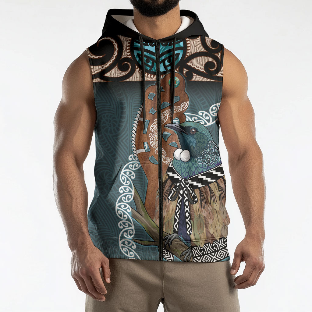 New Zealand Tui Bird Maripi Sleeveless Zip Hoodie Maori Weapon Kowhaiwhai Pattern LT22 - Polynesian Pride