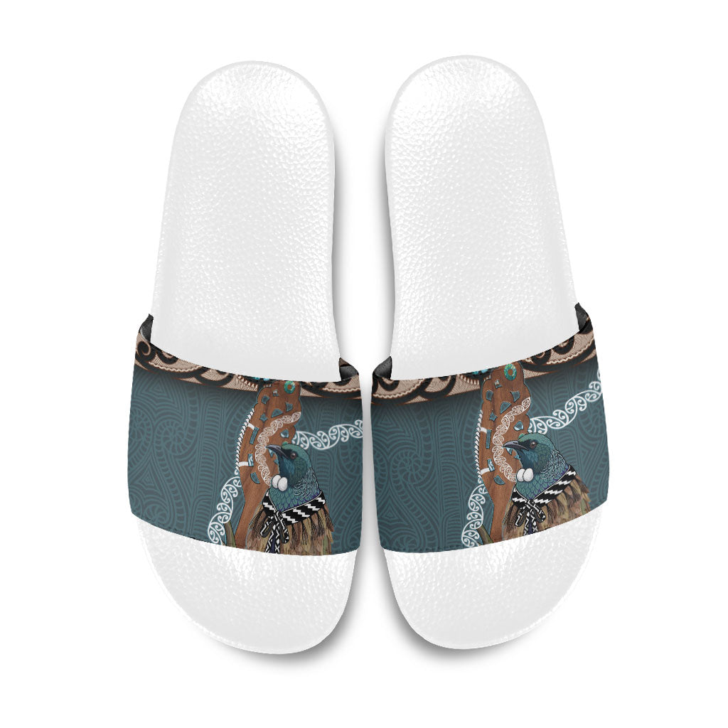 New Zealand Tui Bird Maripi Slide Sandals Maori Weapon Kowhaiwhai Pattern LT22 Slate Blue - Polynesian Pride