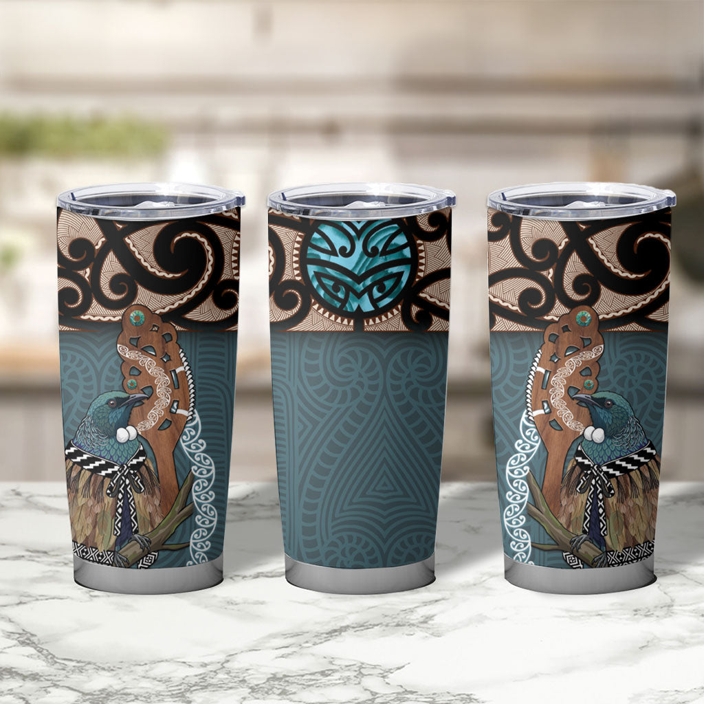New Zealand Tui Bird Maripi Tumbler Cup Maori Weapon Kowhaiwhai Pattern LT22 - Polynesian Pride