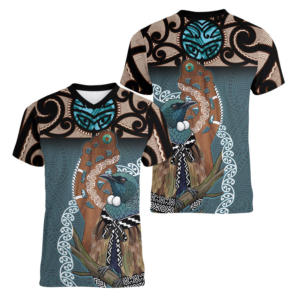 New Zealand Tui Bird Maripi Women V-Neck T-Shirt Maori Weapon Kowhaiwhai Pattern LT22 - Polynesian Pride
