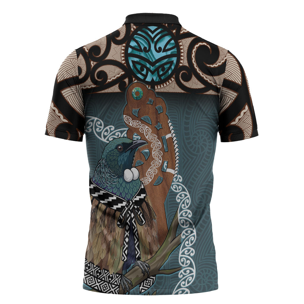 New Zealand Tui Bird Maripi Zipper Polo Shirt Maori Weapon Kowhaiwhai Pattern LT22 - Polynesian Pride