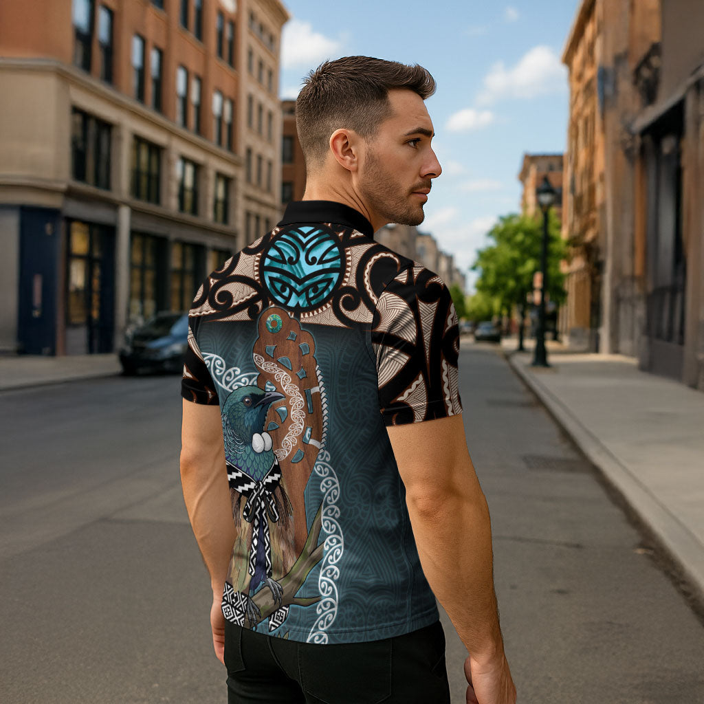 New Zealand Tui Bird Maripi Zipper Polo Shirt Maori Weapon Kowhaiwhai Pattern LT22 - Polynesian Pride