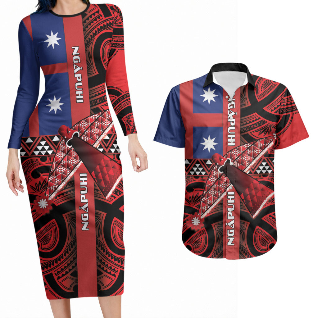 Aotearoa Iwi Ngapuhi Couples Matching Long Sleeve Bodycon Dress and Hawaiian Shirt Tuhoronuku Kite United Tribes Flag Maori Pattern LT22 Red - Polynesian Pride