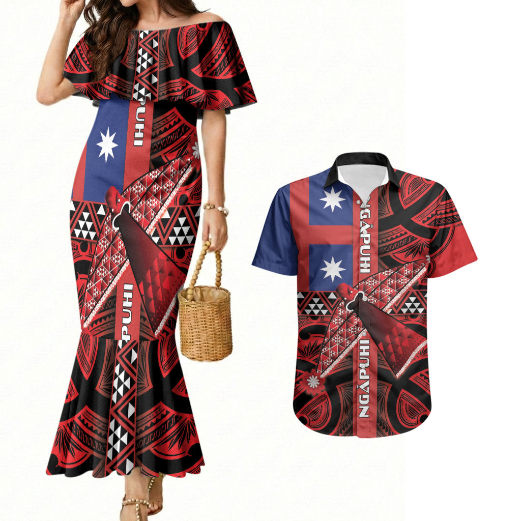 Aotearoa Iwi Ngapuhi Couples Matching Mermaid Dress and Hawaiian Shirt Tuhoronuku Kite United Tribes Flag Maori Pattern LT22 Red - Polynesian Pride