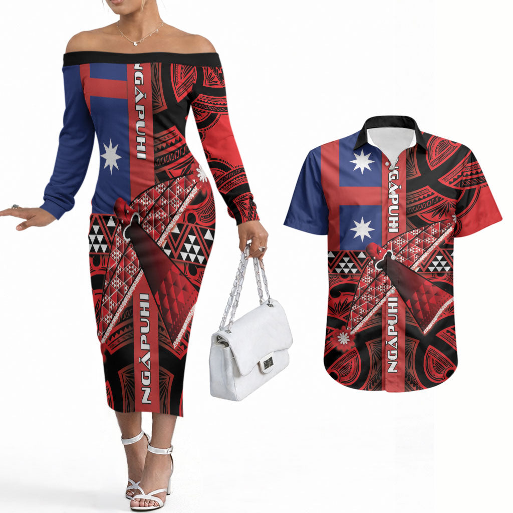 Aotearoa Iwi Ngapuhi Couples Matching Off The Shoulder Long Sleeve Dress and Hawaiian Shirt Tuhoronuku Kite United Tribes Flag Maori Pattern LT22 Red - Polynesian Pride