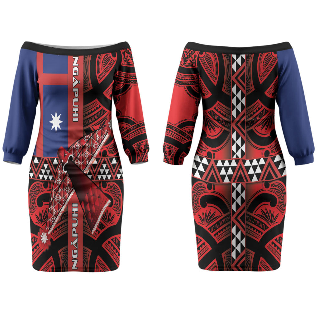 Aotearoa Iwi Ngapuhi Couples Matching Off The Shoulder Long Sleeve Dress and Hawaiian Shirt Tuhoronuku Kite United Tribes Flag Maori Pattern LT22 - Polynesian Pride