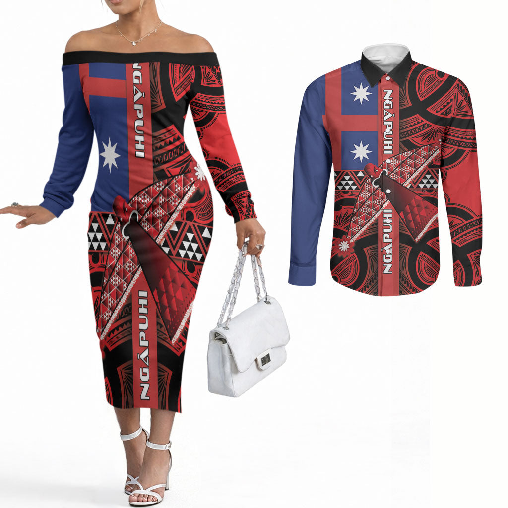 Aotearoa Iwi Ngapuhi Couples Matching Off The Shoulder Long Sleeve Dress and Long Sleeve Button Shirt Tuhoronuku Kite United Tribes Flag Maori Pattern LT22 Red - Polynesian Pride