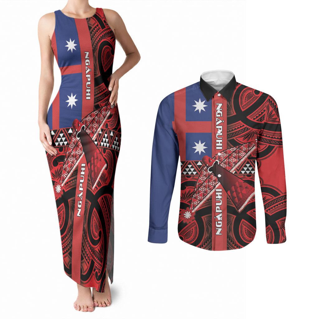 Aotearoa Iwi Ngapuhi Couples Matching Tank Maxi Dress and Long Sleeve Button Shirt Tuhoronuku Kite United Tribes Flag Maori Pattern LT22 Red - Polynesian Pride