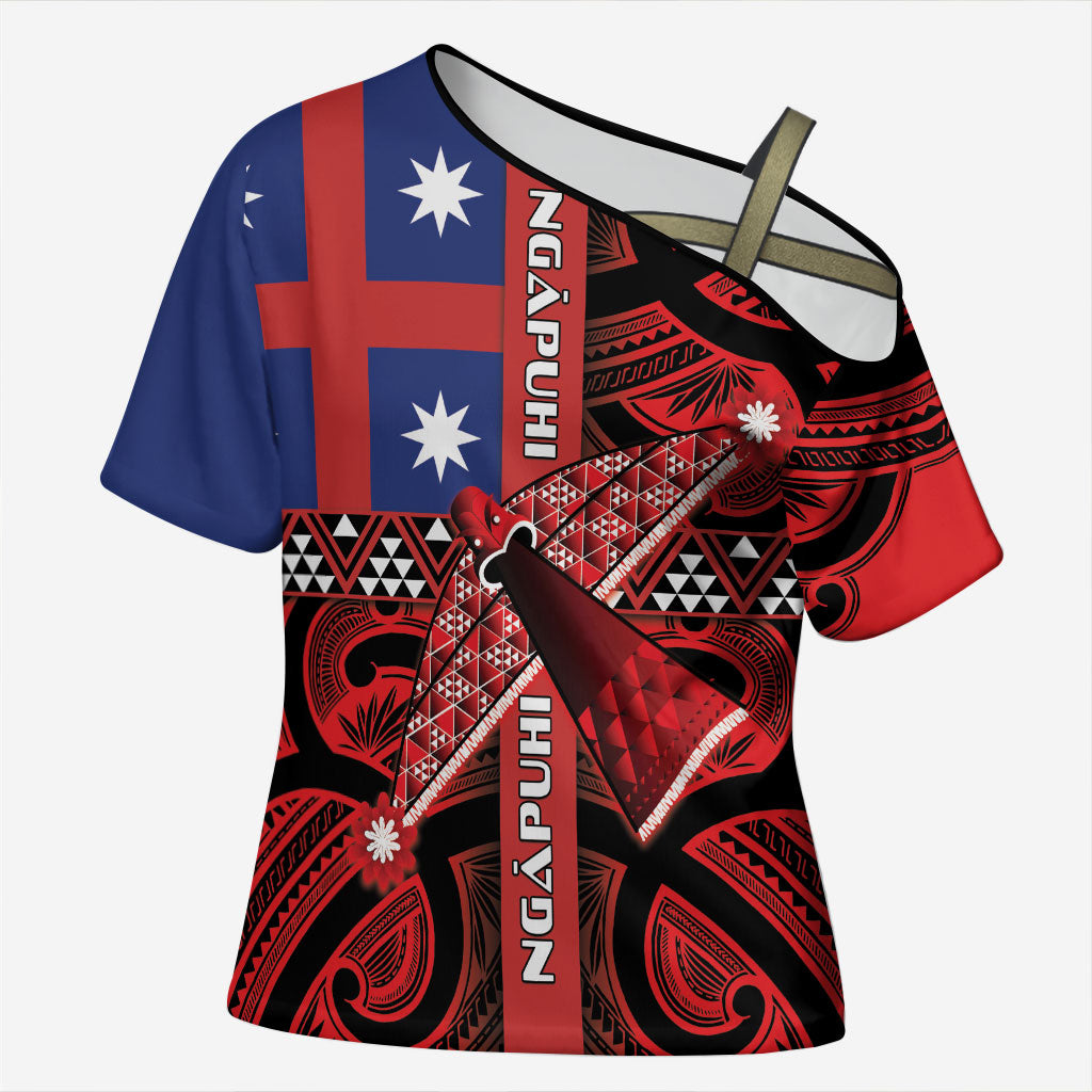 Aotearoa Iwi Ngapuhi Cross Shoulder Shirt Tuhoronuku Kite United Tribes Flag Maori Pattern LT22 Female Red - Polynesian Pride