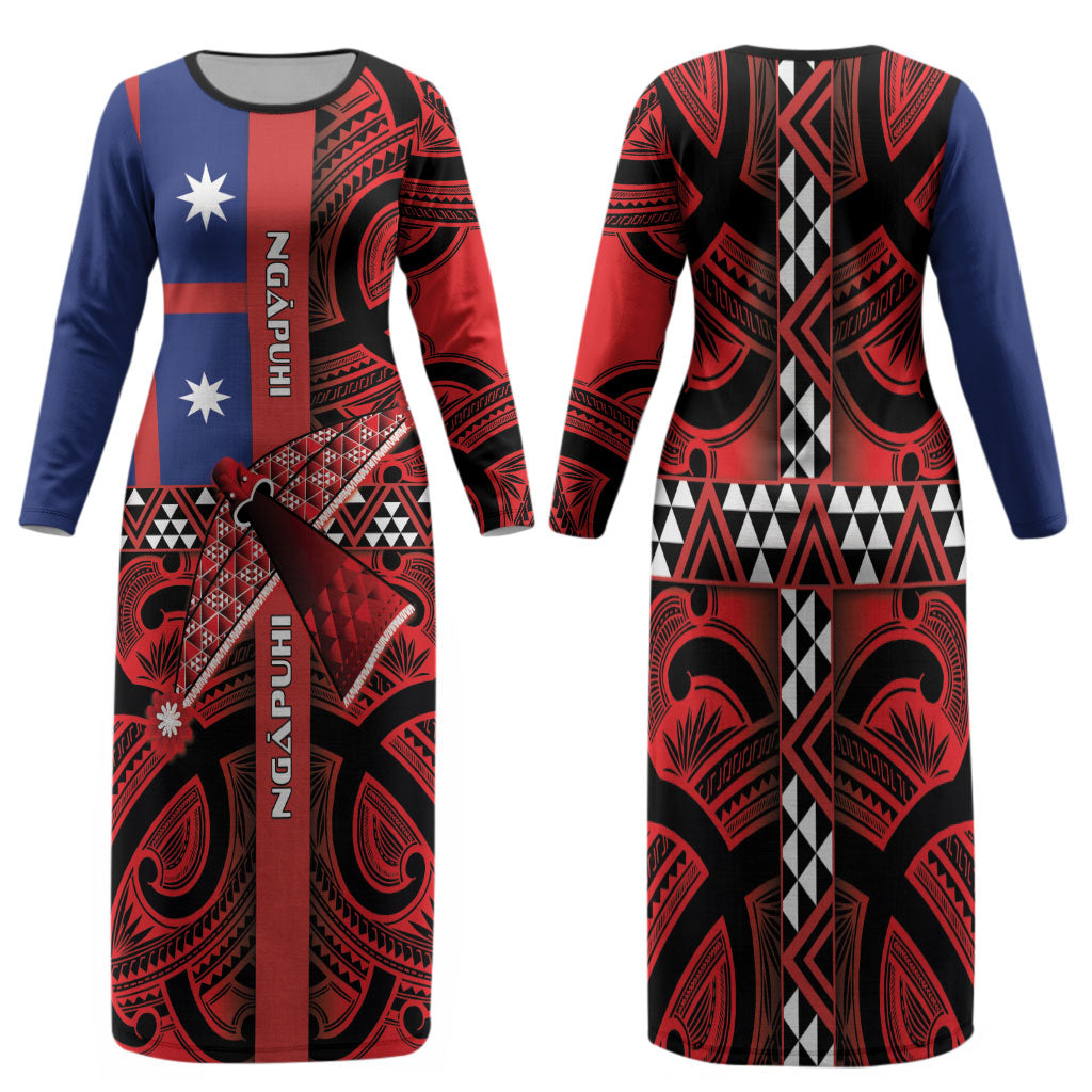 Aotearoa Iwi Ngapuhi Family Matching Long Sleeve Bodycon Dress and Hawaiian Shirt Tuhoronuku Kite United Tribes Flag Maori Pattern LT22 Mom's Dress Red - Polynesian Pride