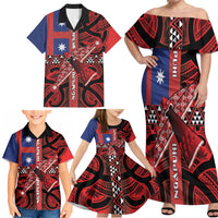Aotearoa Iwi Ngapuhi Family Matching Off Shoulder Maxi Dress and Hawaiian Shirt Tuhoronuku Kite United Tribes Flag Maori Pattern LT22 - Polynesian Pride