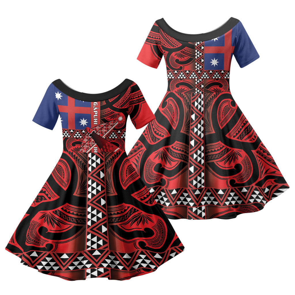 Aotearoa Iwi Ngapuhi Family Matching Off Shoulder Maxi Dress and Hawaiian Shirt Tuhoronuku Kite United Tribes Flag Maori Pattern LT22 Daughter's Dress Red - Polynesian Pride
