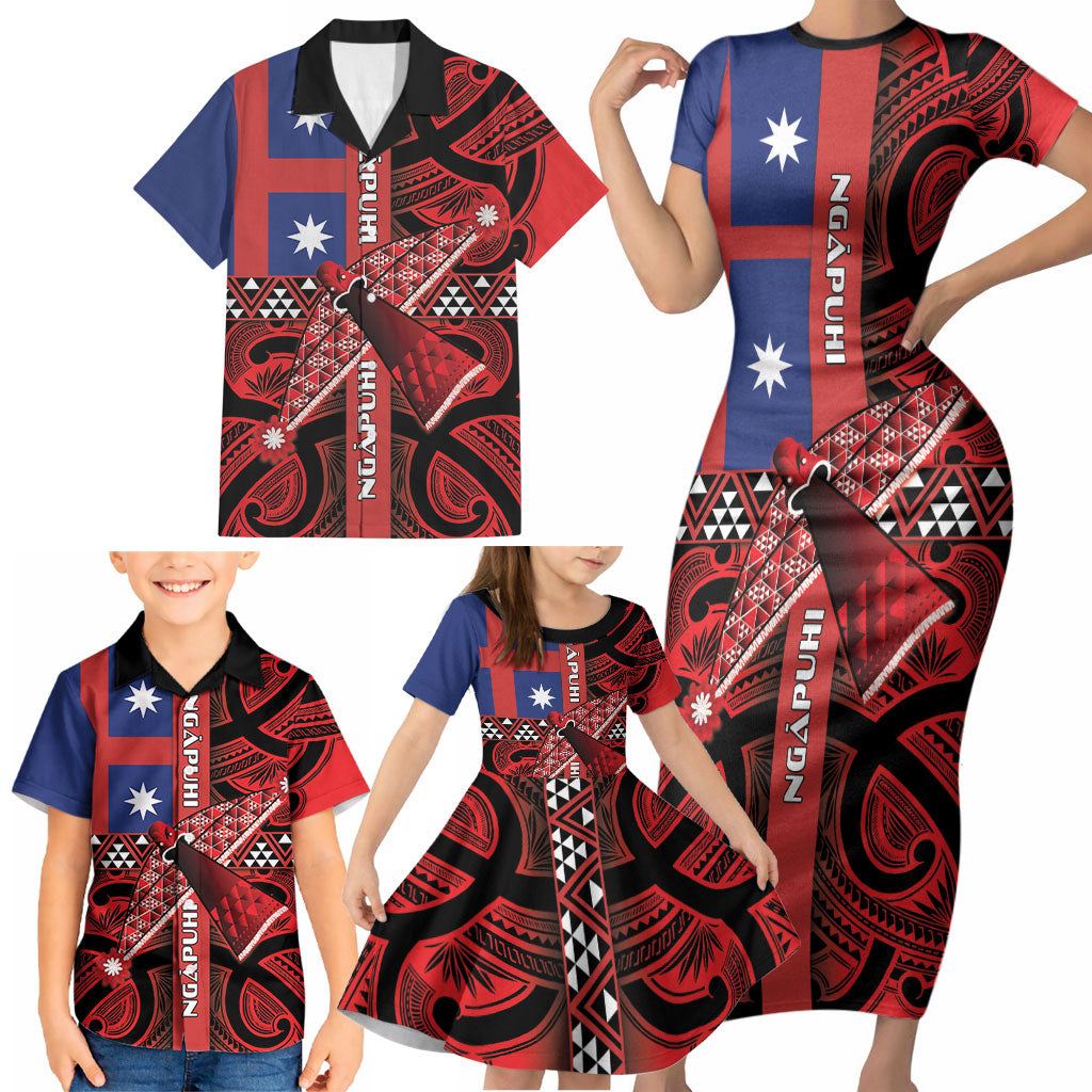 Aotearoa Iwi Ngapuhi Family Matching Short Sleeve Bodycon Dress and Hawaiian Shirt Tuhoronuku Kite United Tribes Flag Maori Pattern LT22 - Polynesian Pride