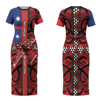 Aotearoa Iwi Ngapuhi Family Matching Short Sleeve Bodycon Dress and Hawaiian Shirt Tuhoronuku Kite United Tribes Flag Maori Pattern LT22 Mom's Dress Red - Polynesian Pride