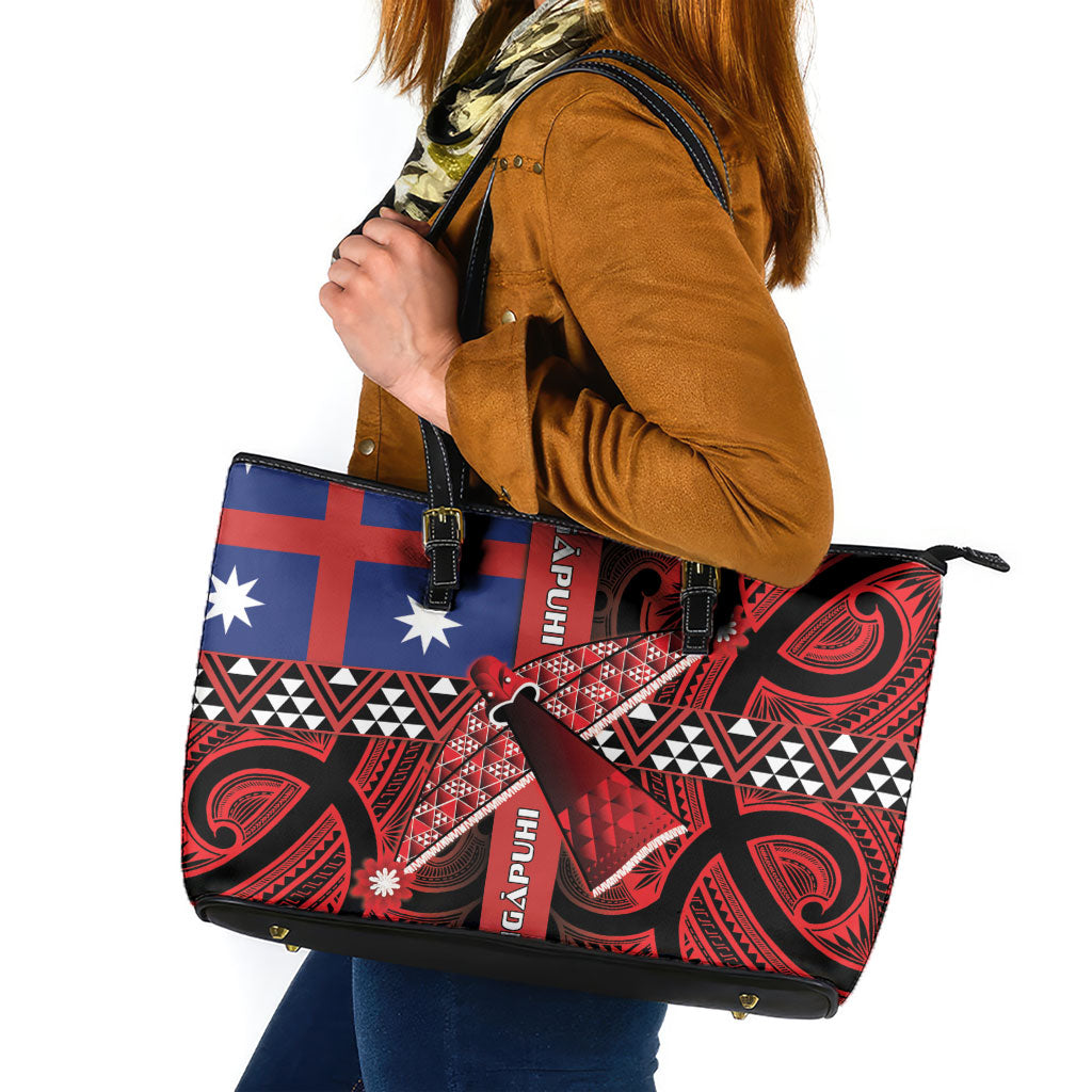 Aotearoa Iwi Ngapuhi Leather Tote Bag Tuhoronuku Kite United Tribes Flag Maori Pattern LT22 Red - Polynesian Pride