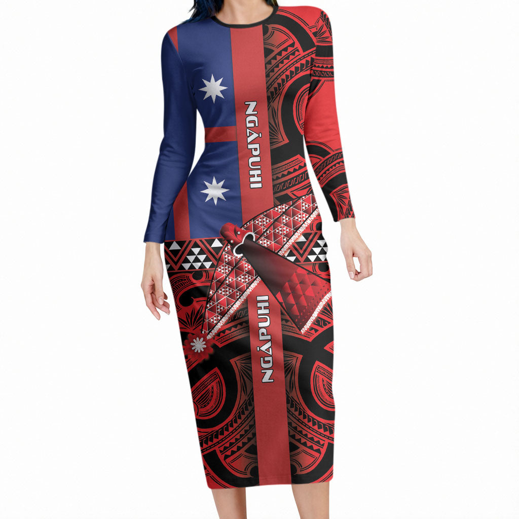Aotearoa Iwi Ngapuhi Long Sleeve Bodycon Dress Tuhoronuku Kite United Tribes Flag Maori Pattern LT22 Long Dress Red - Polynesian Pride
