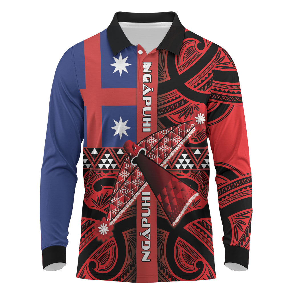 Aotearoa Iwi Ngapuhi Long Sleeve Polo Shirt Tuhoronuku Kite United Tribes Flag Maori Pattern LT22 Red - Polynesian Pride