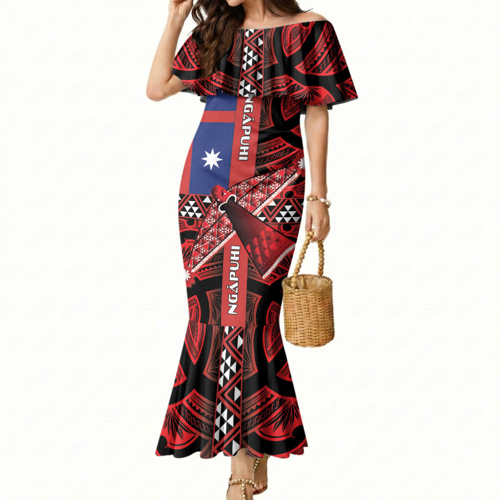 Aotearoa Iwi Ngapuhi Mermaid Dress Tuhoronuku Kite United Tribes Flag Maori Pattern LT22 Women Red - Polynesian Pride