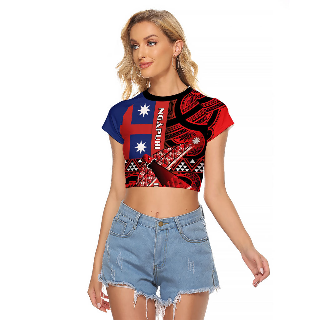 Aotearoa Iwi Ngapuhi Raglan Cropped T Shirt Tuhoronuku Kite United Tribes Flag Maori Pattern LT22 Female Red - Polynesian Pride
