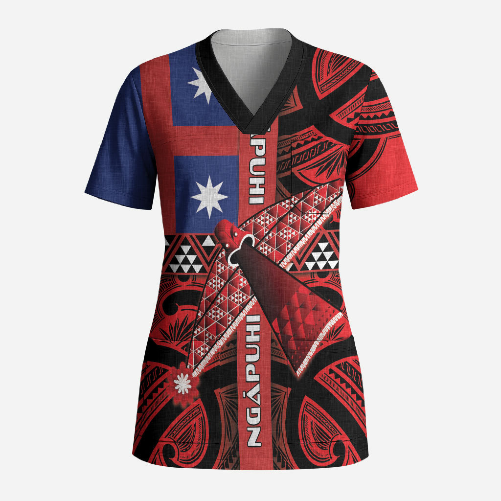 Aotearoa Iwi Ngapuhi Scrub Top Tuhoronuku Kite United Tribes Flag Maori Pattern LT22 Adult Red - Polynesian Pride