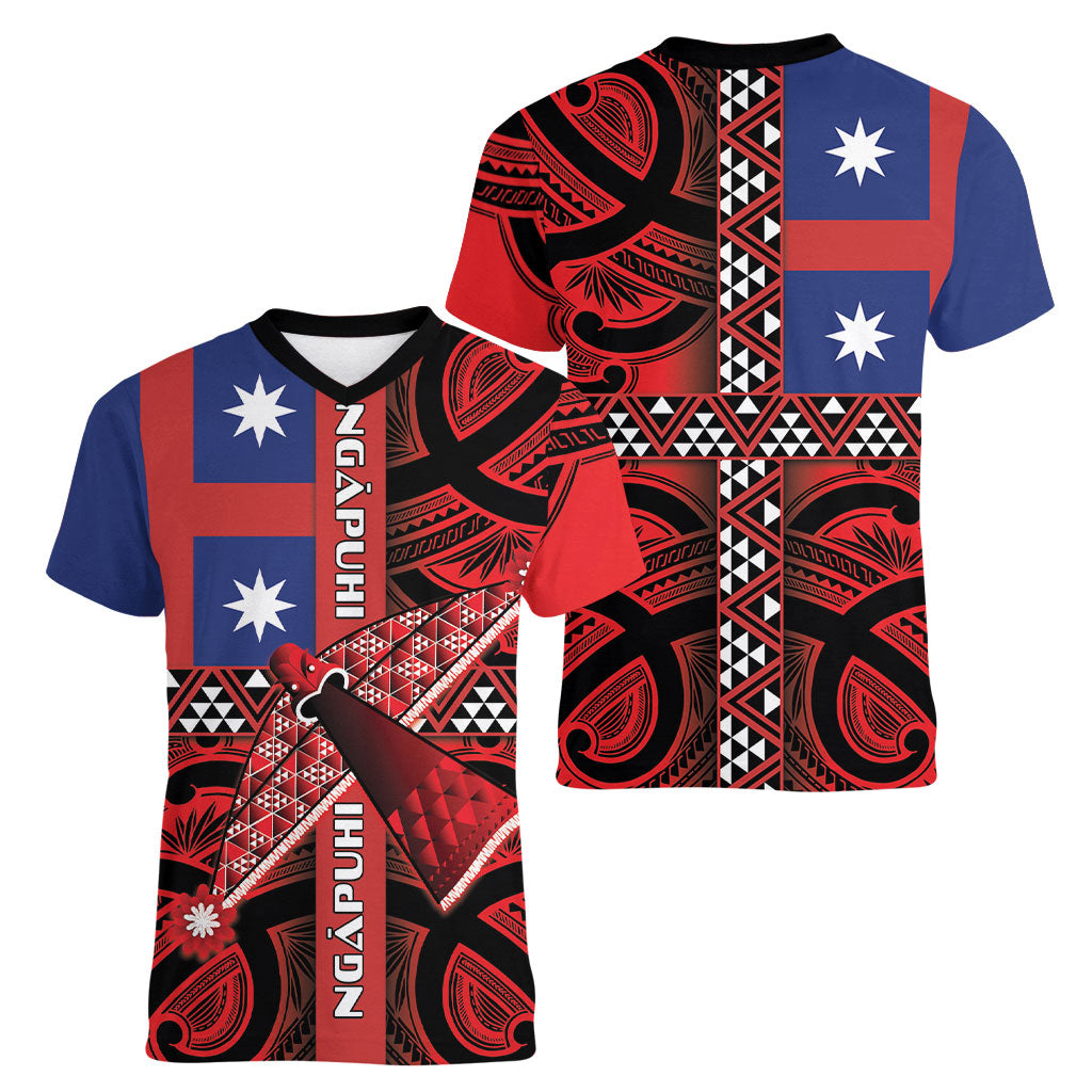 Aotearoa Iwi Ngapuhi Women V-Neck T-Shirt Tuhoronuku Kite United Tribes Flag Maori Pattern LT22 - Polynesian Pride