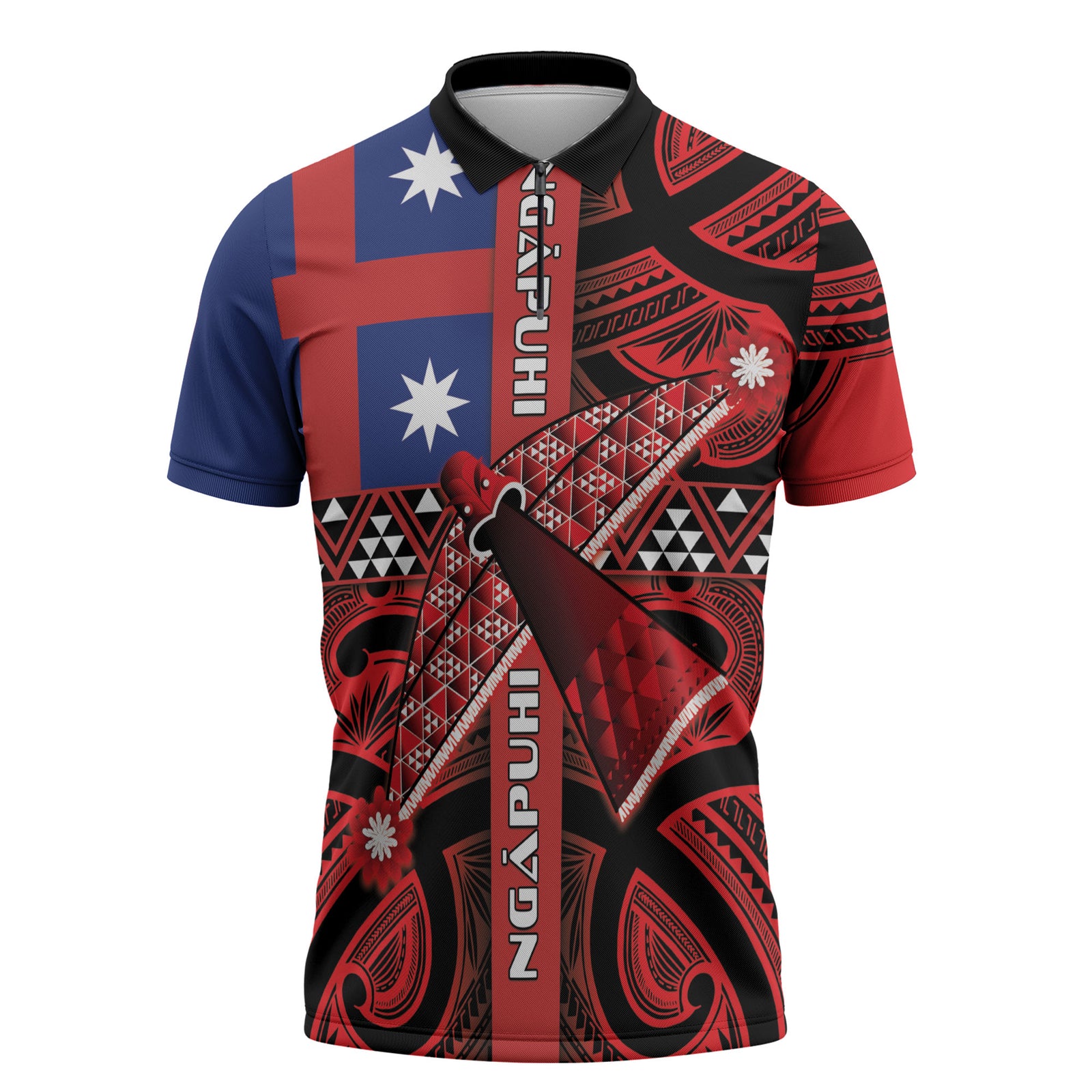 Aotearoa Iwi Ngapuhi Zipper Polo Shirt Tuhoronuku Kite United Tribes Flag Maori Pattern LT22 Red - Polynesian Pride