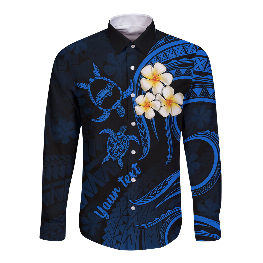 Personalised Niihau Hawaii Long Sleeve Button Shirt Polynesian Tattoo and Pacific Plumeria Blue Vibe LT9 Unisex Blue - Polynesian Pride