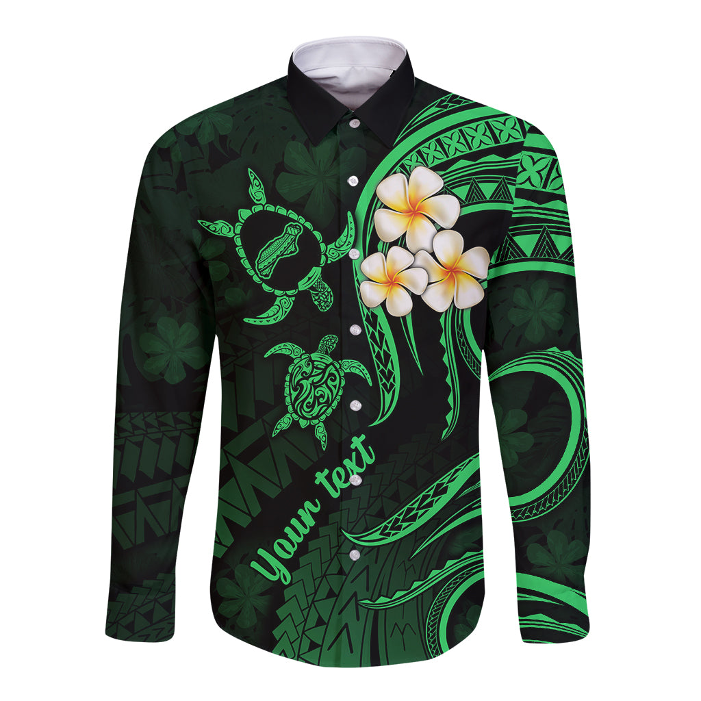 Personalised Niihau Hawaii Long Sleeve Button Shirt Polynesian Tattoo and Pacific Plumeria Green Vibe LT9 Unisex Green - Polynesian Pride