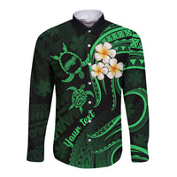 Personalised Niihau Hawaii Long Sleeve Button Shirt Polynesian Tattoo and Pacific Plumeria Green Vibe LT9 Unisex Green - Polynesian Pride