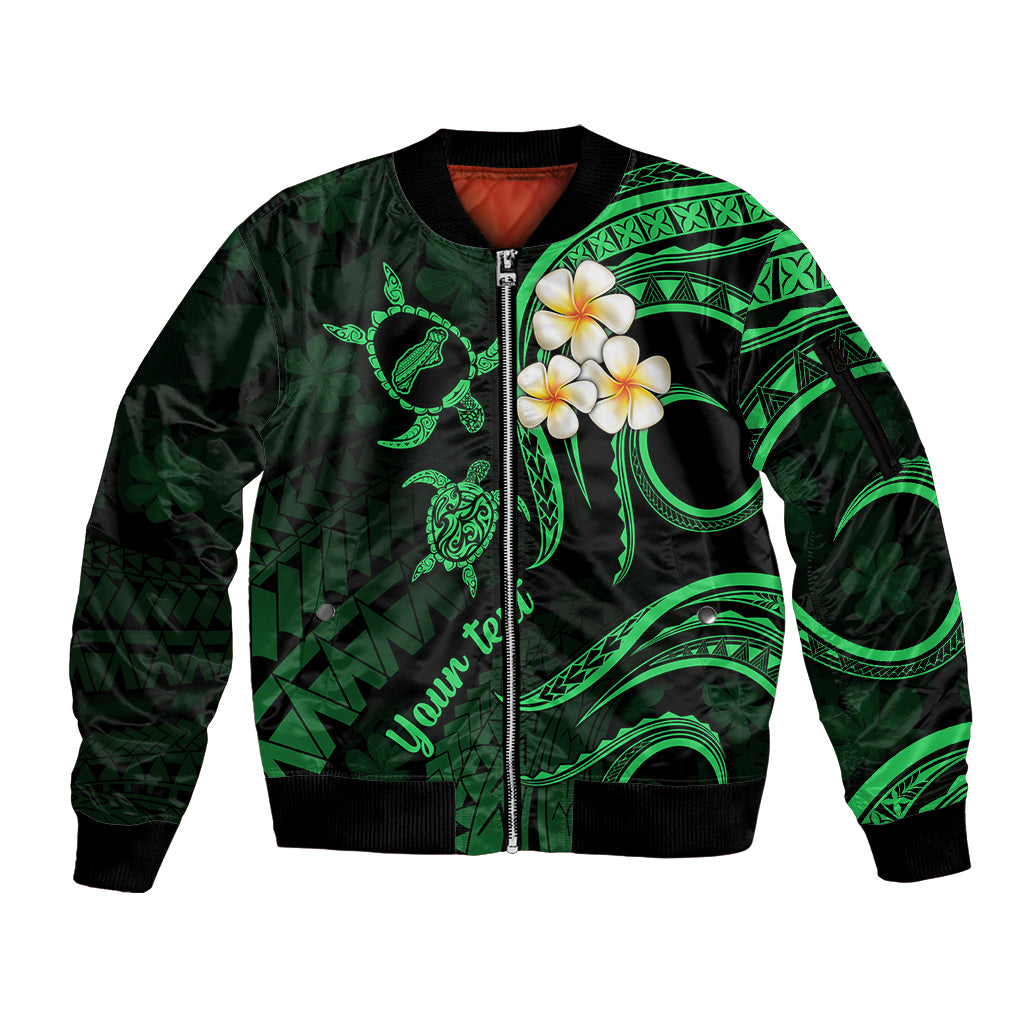 Personalised Niihau Hawaii Sleeve Zip Bomber Jacket Polynesian Tattoo and Pacific Plumeria Green Vibe LT9 Unisex Green - Polynesian Pride