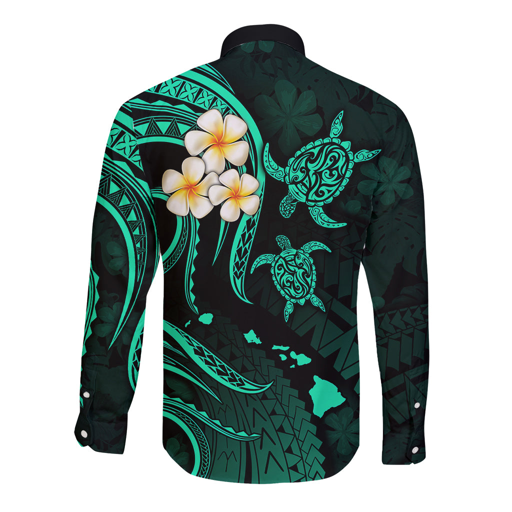 Personalised Niihau Hawaii Long Sleeve Button Shirt Polynesian Tattoo and Pacific Plumeria Turquoise Vibe LT9 - Polynesian Pride