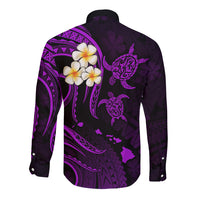 Personalised Molokai Hawaii Long Sleeve Button Shirt Polynesian Tattoo and Pacific Plumeria Purple Vibe LT9 - Polynesian Pride