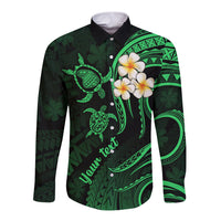 Personalised Lanai Hawaii Long Sleeve Button Shirt Polynesian Tattoo and Pacific Plumeria Green Vibe LT9 Unisex Green - Polynesian Pride