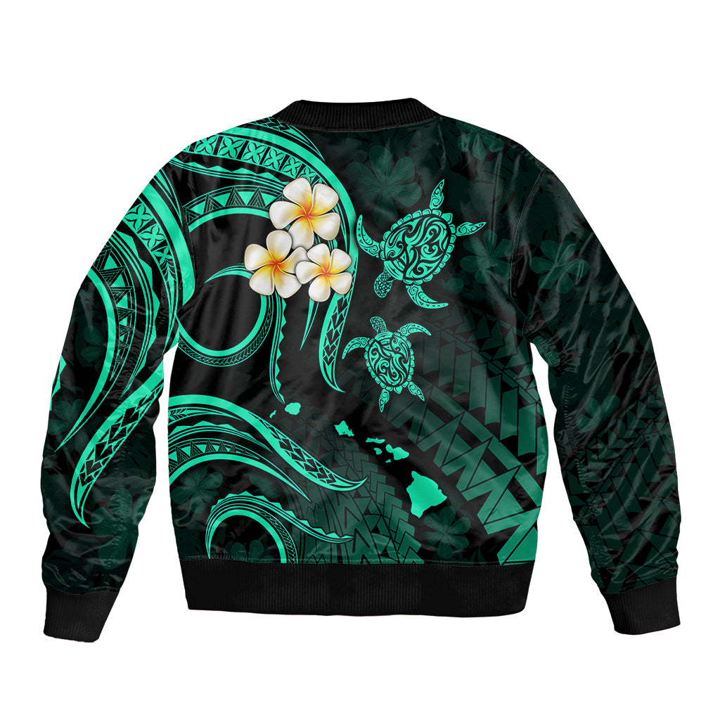 Personalised Kauai Hawaii Bomber Jacket Polynesian Tattoo and Pacific Plumeria Turquoise Vibe LT9 - Polynesian Pride