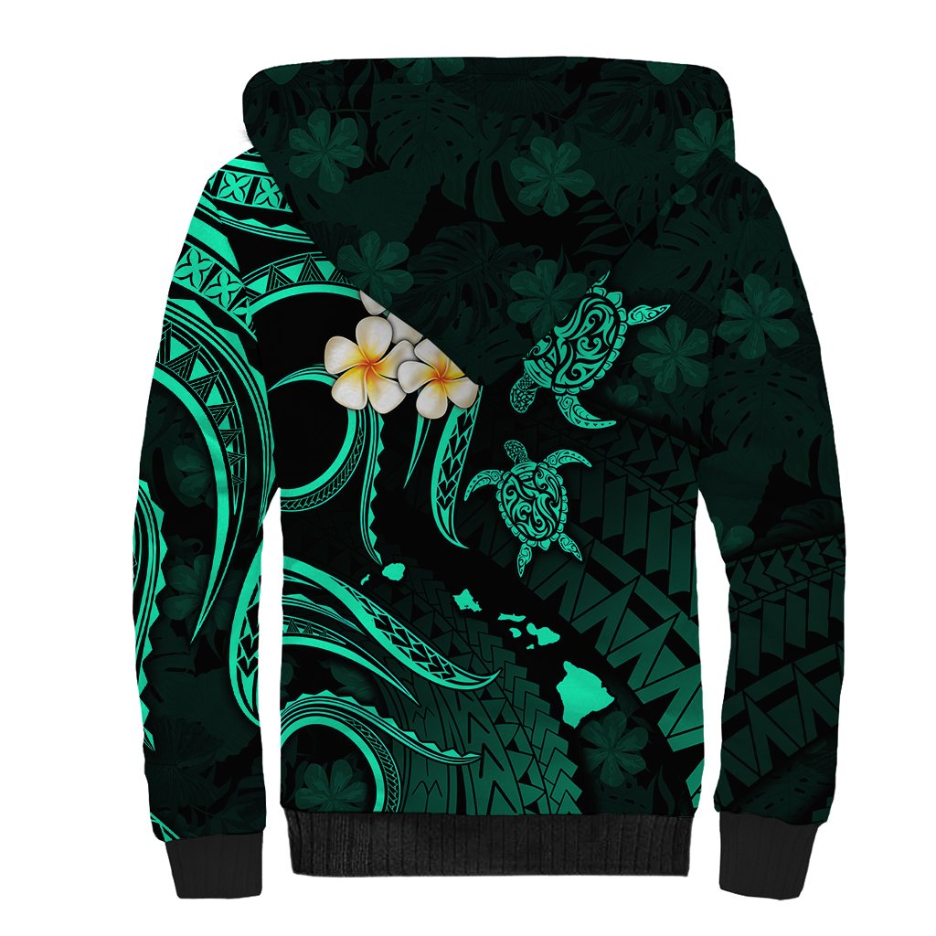 Personalised Kauai Hawaii Sherpa Hoodie Polynesian Tattoo and Pacific Plumeria Turquoise Vibe LT9 - Polynesian Pride