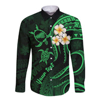 Personalised Kahoolawe Hawaii Long Sleeve Button Shirt Polynesian Tattoo and Pacific Plumeria Green Vibe LT9 Unisex Green - Polynesian Pride